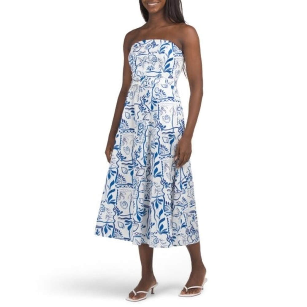 Rachel Zoe Women's White/Navy Strapless Tie Belt Maxi Dress Size 8